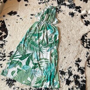 Tropical Leaf Print Maxi Dress - Green & White